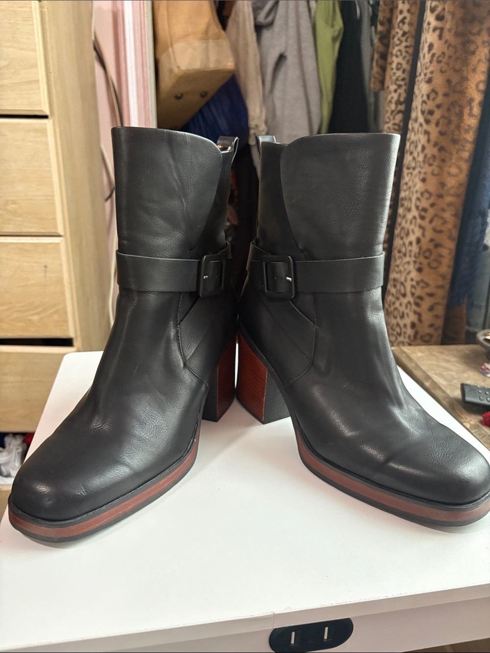 Kork-Ease Black Leather Ankle Boots with Brown Stacked Heel - Picture 4 of 8